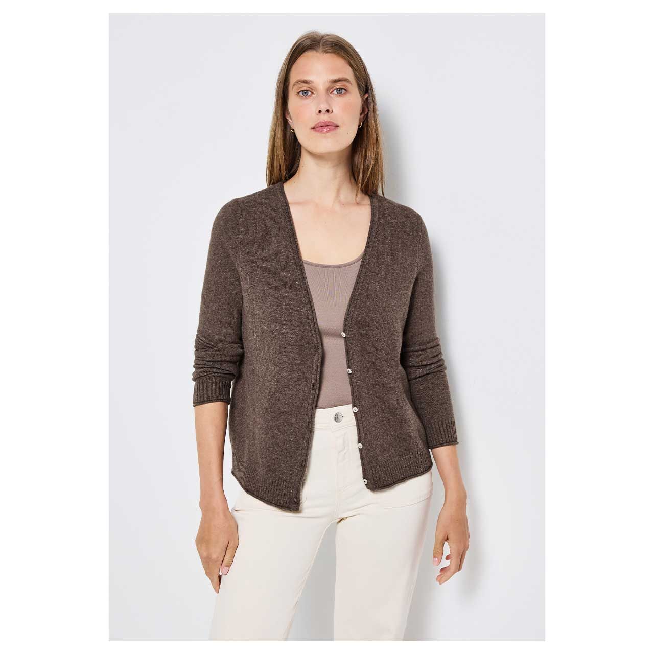 Damen Strickjacke Short Cardigan von Street One in Braun meliert, Vorderansicht am Model