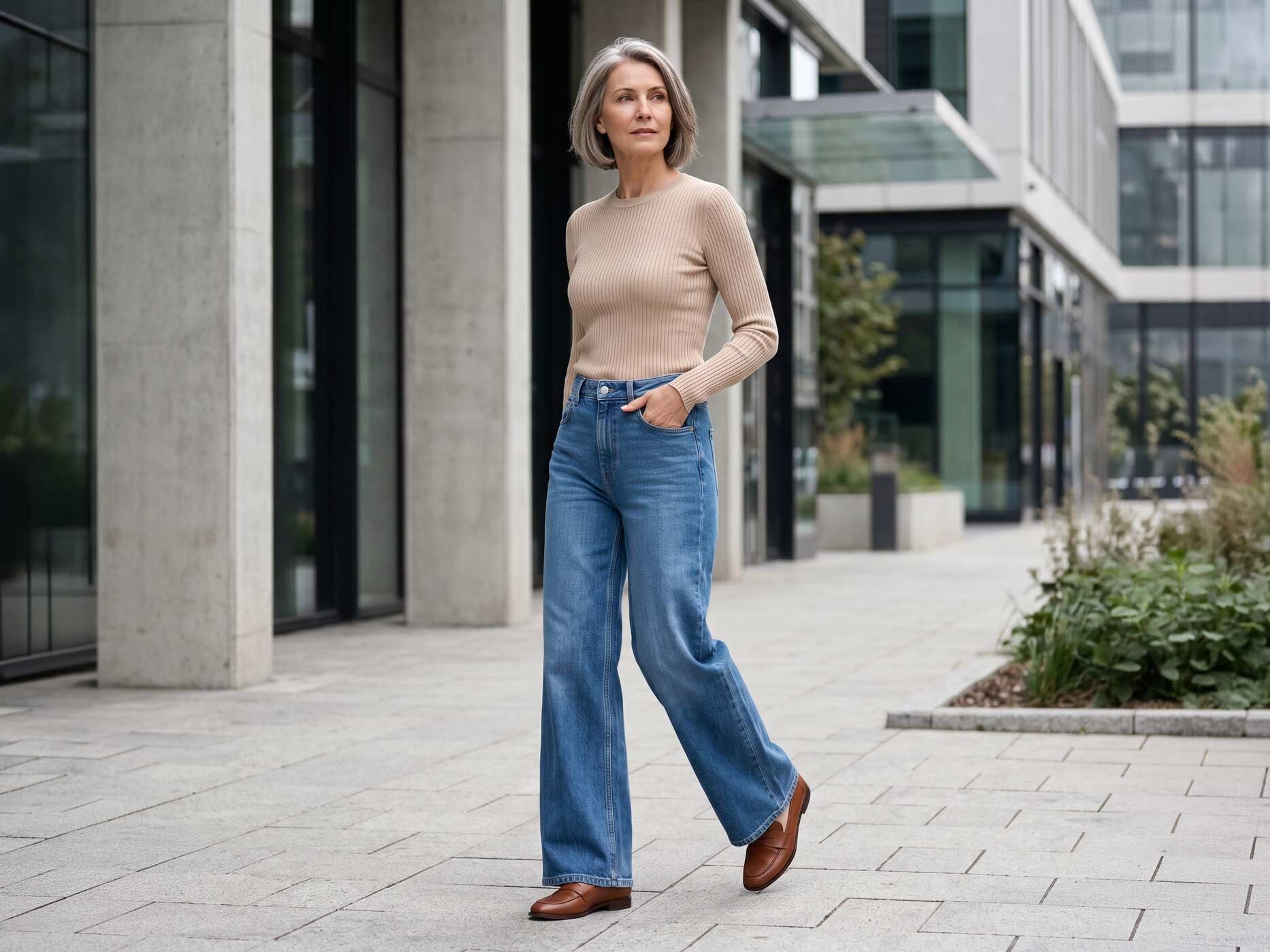 Eine Frau kombiniert eine hellblaue Wide Leg Jeans mit einem engen beigen Oberteil und braunen Loafern in urbaner Umgebung.
