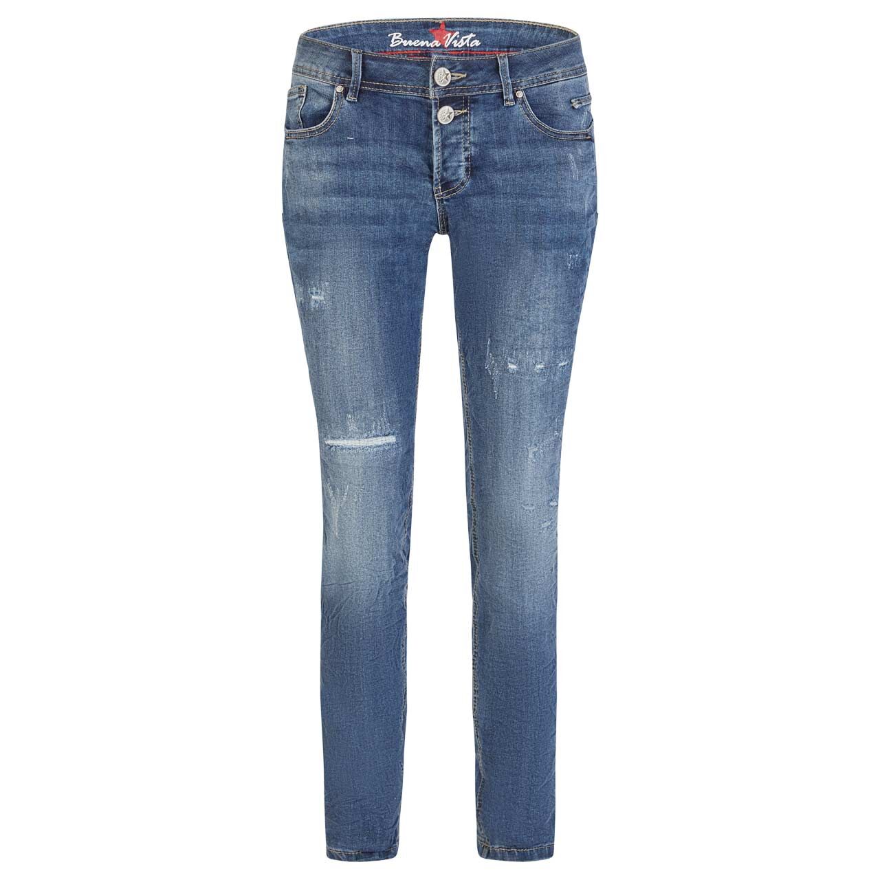 Damen Ankle Jeans Malibu TS Cropped Stretch Denim von Buena Vista in Blau angewaschen mit Destroyed-Effekten, Vorderansicht