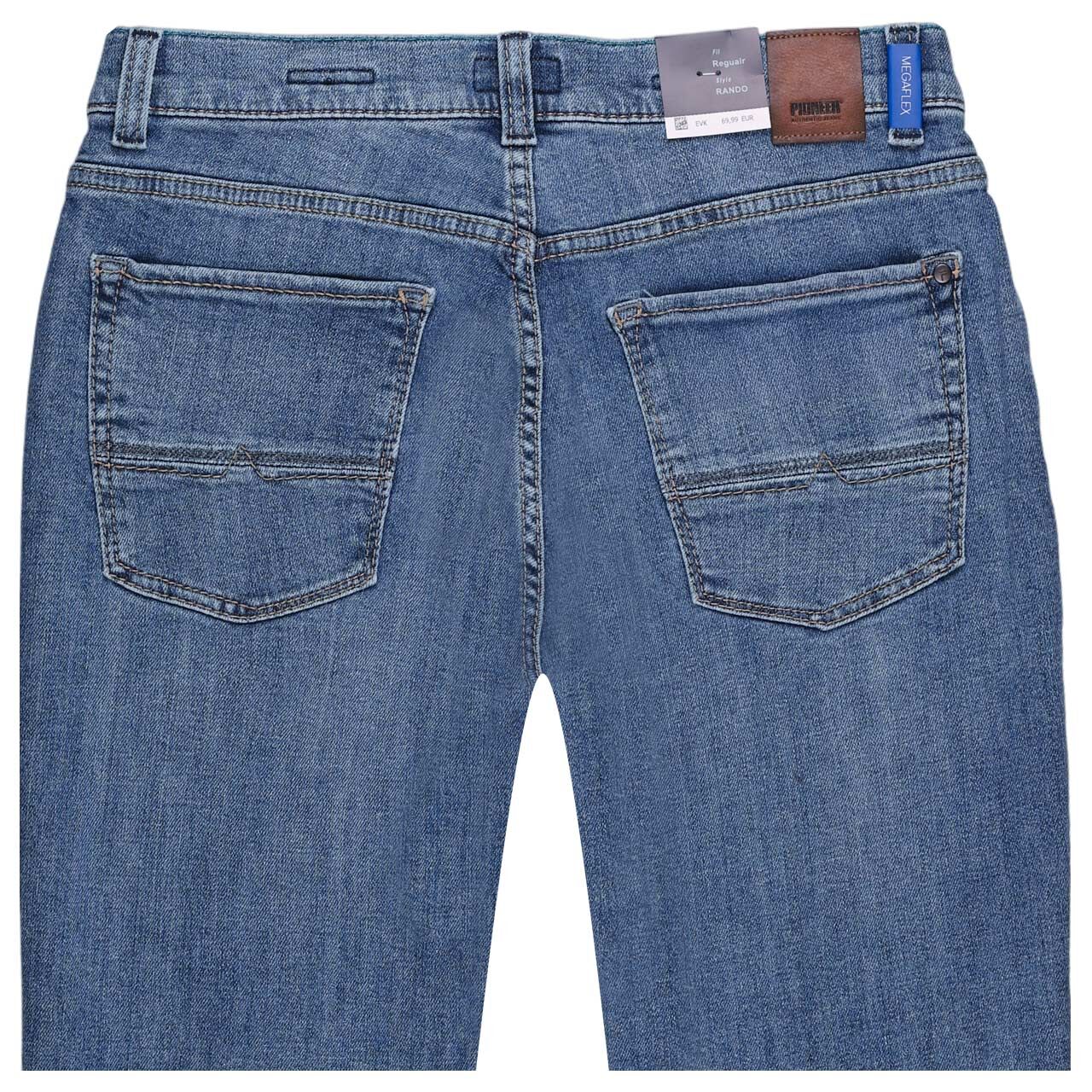 Herren Jeans Rando Megaflex von Pioneer in Blau angewaschen, detaillierte Rückansicht