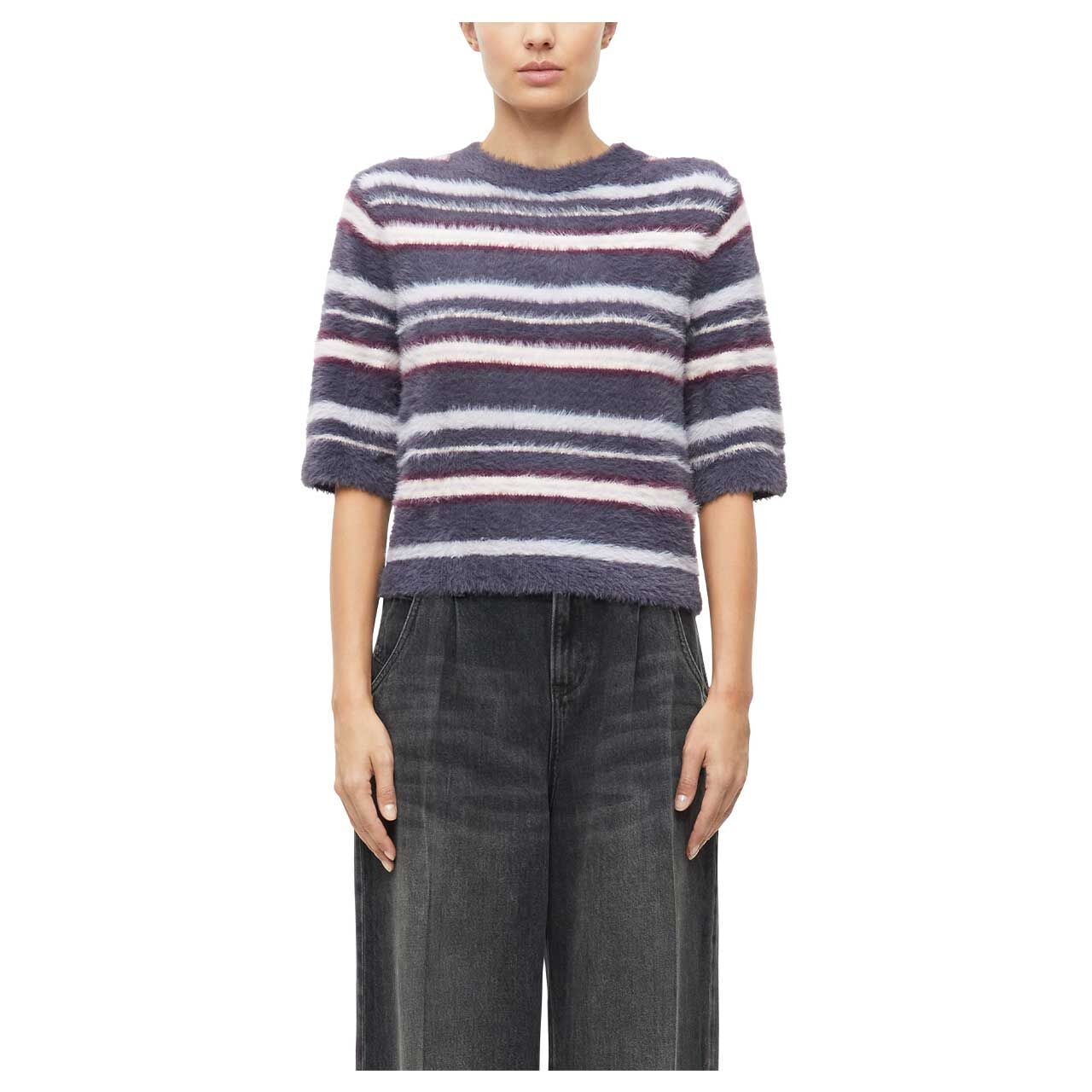 Damen Kurzarm Pullover von s.Oliver in Grau gestreift, Vorderansicht am Model