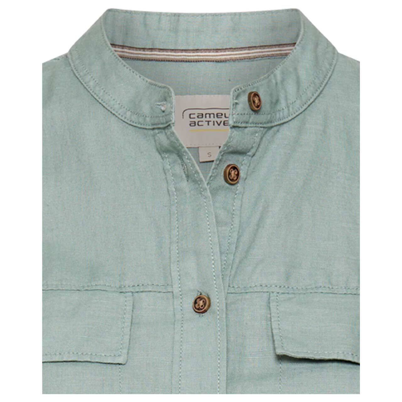 Damen Langarm Leinen Bluse von Camel active in Jadegrün, detaillierte Vorderansicht