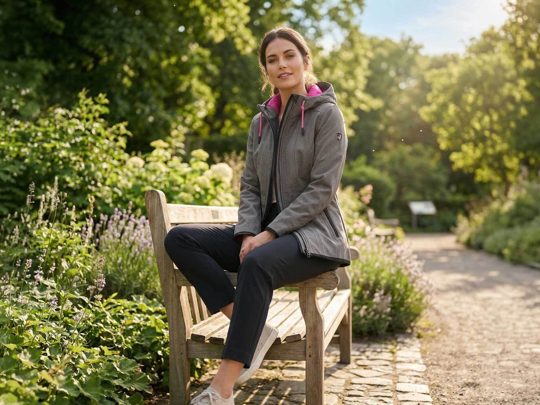 Frau trägt eine graue Wellensteyn Yoga Damen Übergangsjacke in de Natur