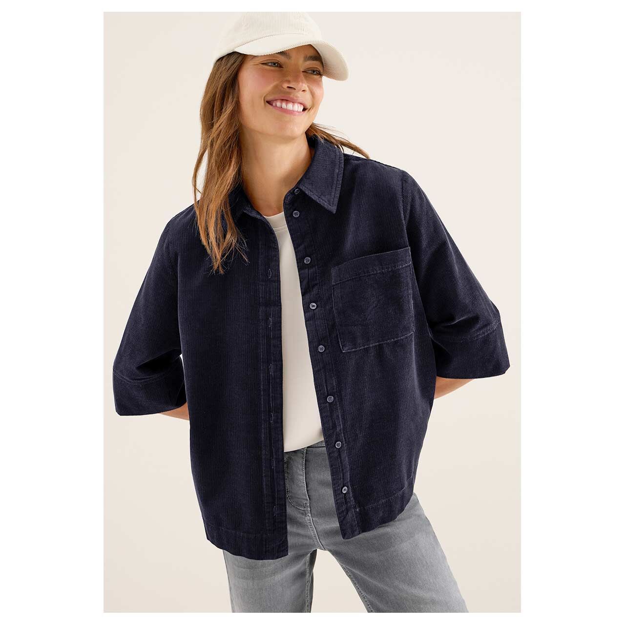 Damen 3/4 Arm Cord Bluse Corduroy von Cecil in Dunkelblau, Vorderansicht am Model