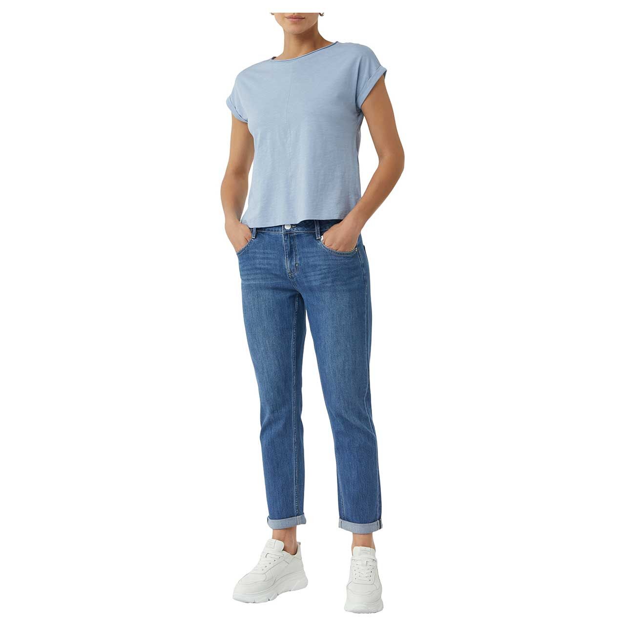 Damen T-Shirt von Comma in Hellblau meliert, Gesamtansicht vorne getragen