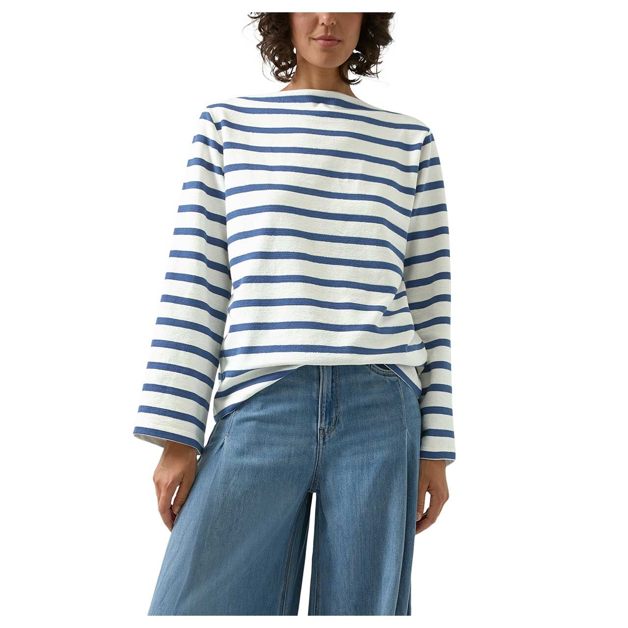 s.Oliver Damen Sweatshirt in Blau gestreift, Rückansicht am Model