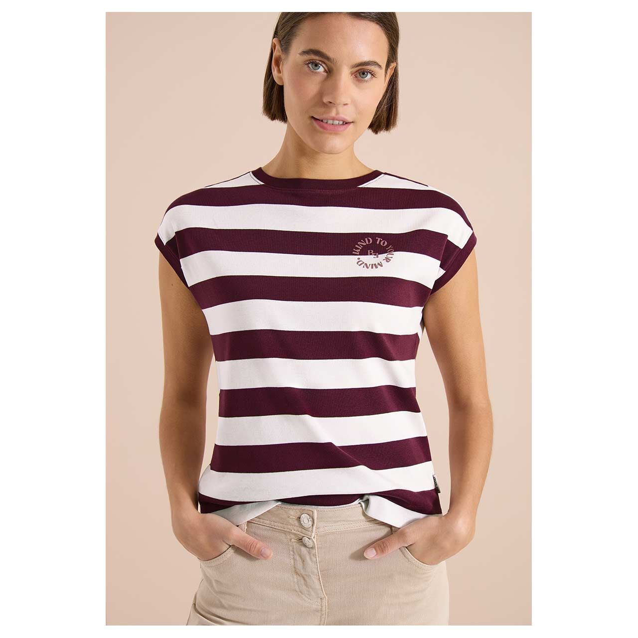 Damen T-Shirt Striped Be Kind von Cecil in Weinrot gestreift, Vorderansicht am Model