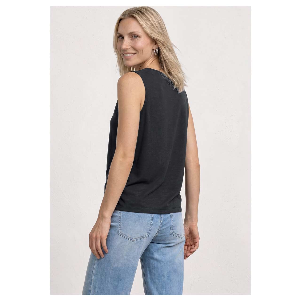 Damen Top Silk Look Waterfall von Street One in Schwarz meliert, Rückansicht am Model