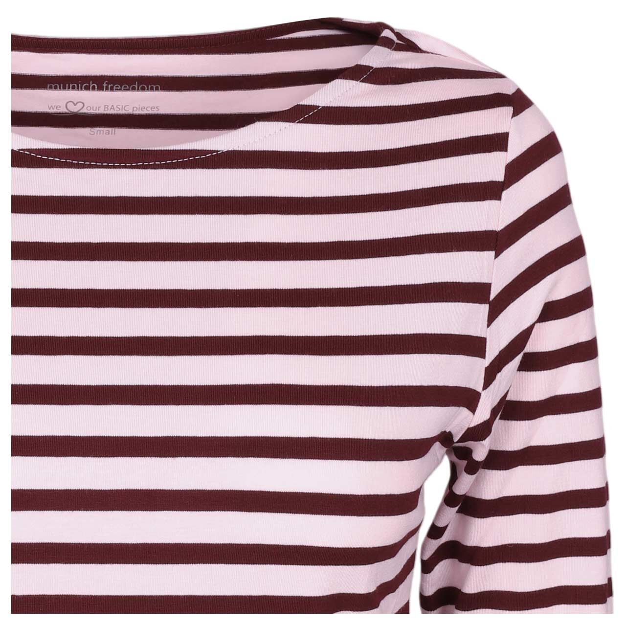 Damen 3/4 Arm Shirt von Munich Freedom in Rosa-Weinrot gestreift, detaillierte Vorderansicht