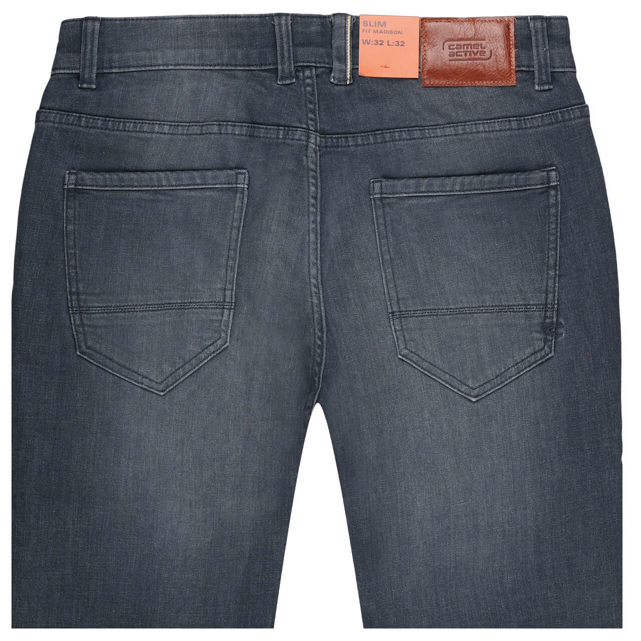 Herrenjeans Madison fleXXX von Camel active in Grau-Blau angewaschen, detaillierte Rückansicht