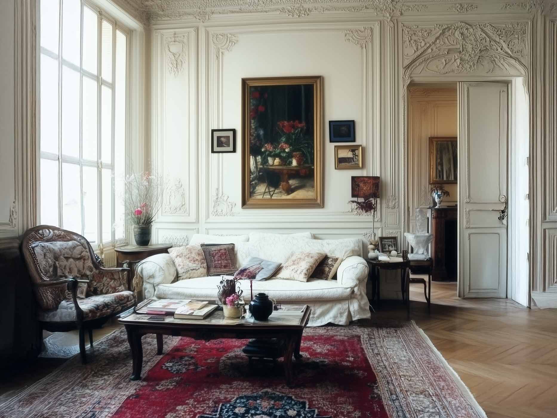 Ein großer heller Raum, in dem verschiedenste Möbelstücke stehen, manche schlicht und manche mit starken roten Mustern.