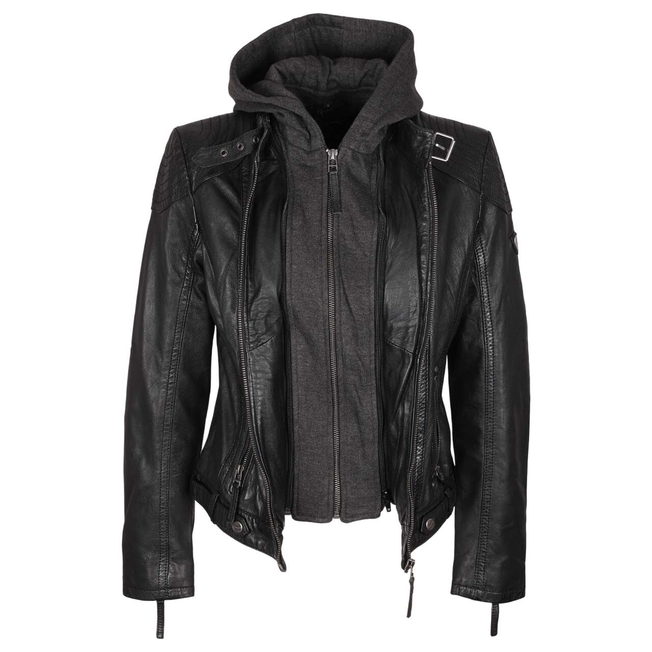 Damen Lederjacke Casey von Mauritius in Schwarz, Vorderansicht geöffnet