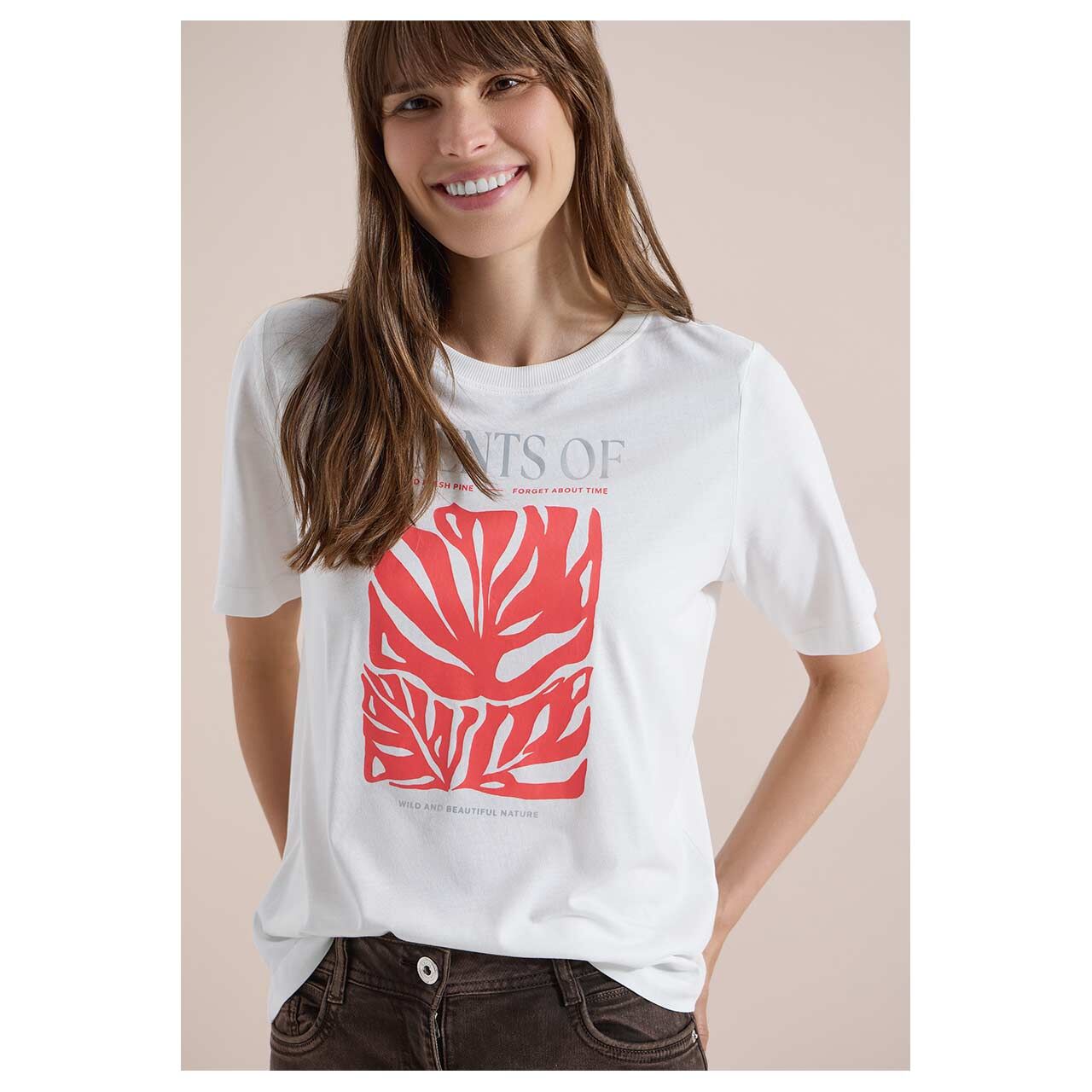 Damen T-Shirt Monstera Print von Cecil in Cremeweiß mit Print, Vorderansicht am Model