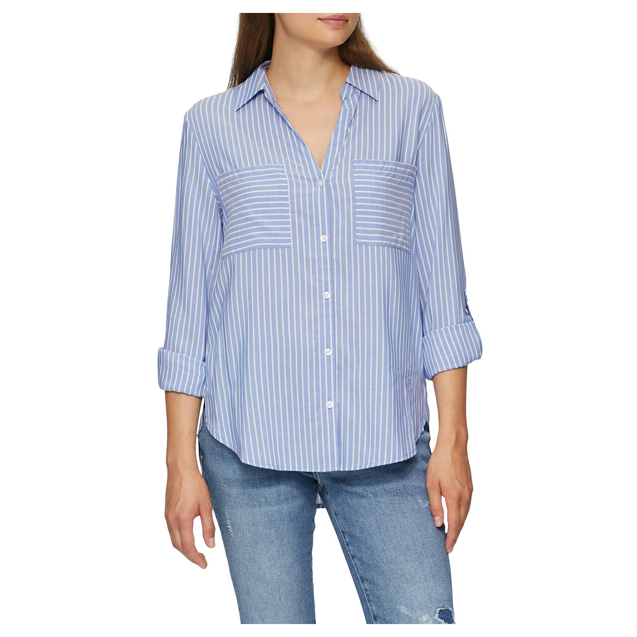 Damen Langarm Bluse von s.Oliver in Blau gestreift, detaillierte Vorderansicht am Model
