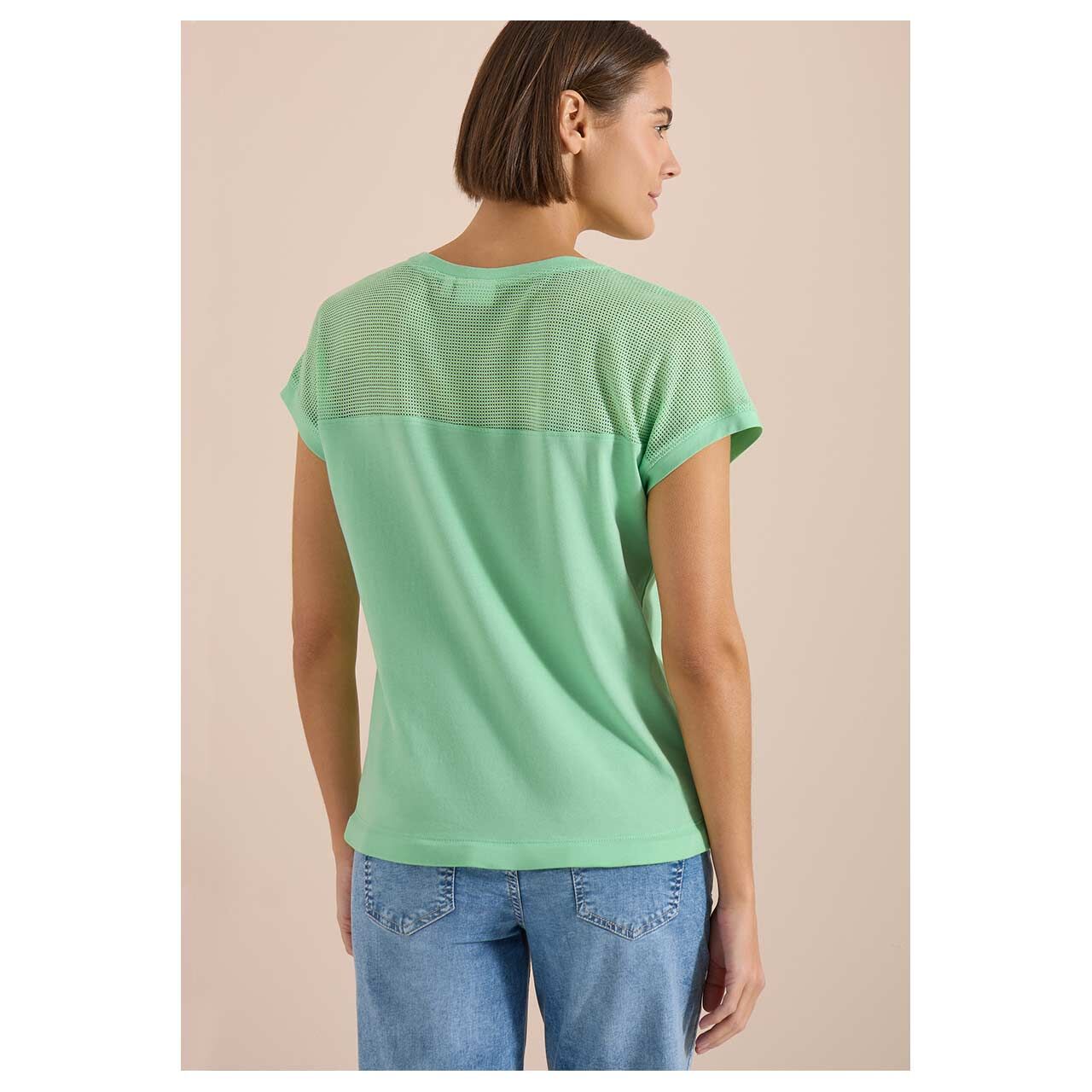 Damen T-Shirt Mesh Insert von Cecil in Hellgrün, Rückansicht am Model