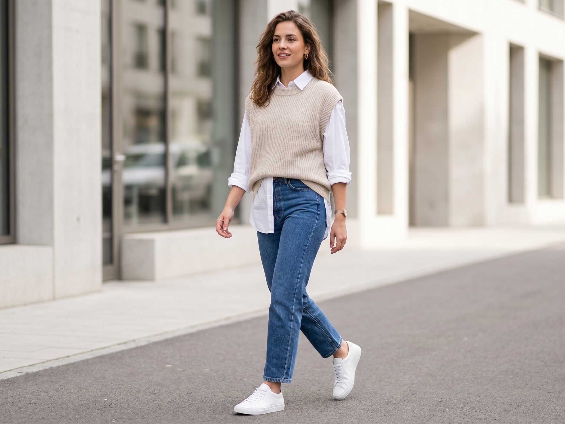 Eine Frau trägt einen hellen Pullunder über einer weißen Bluse zu einer Damenjeans und weißen Sneakern.
