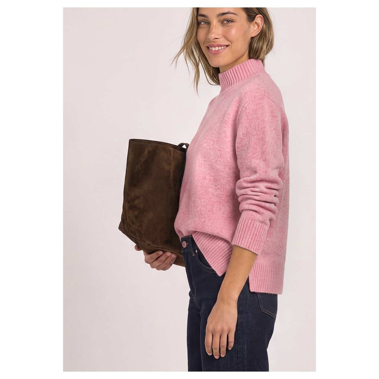Damen Pullover Cosy Mouliné von Street One in Rosa meliert, Seitansicht am Model