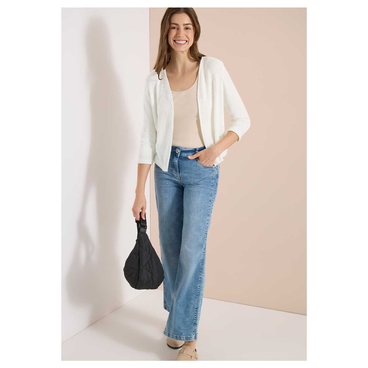 Damen 3/4 Arm Strickjacke Ajour Knit Open Jacket von Cecil in Cremeweiß, Ganzkörperansicht am Model