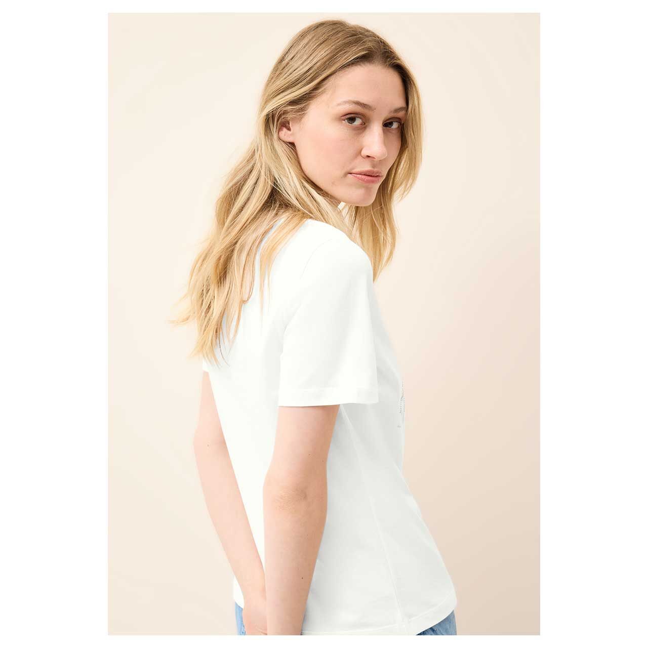 Damen T-Shirt Glitter Foil Print von Cecil in Cremeweiß, Rückenansicht am Modell