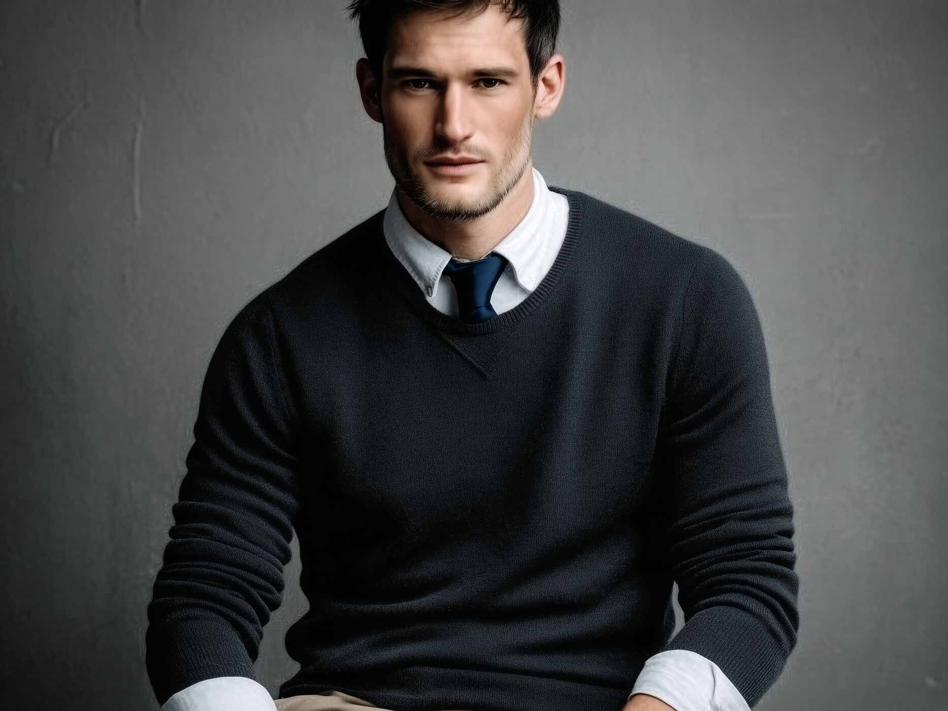 Ein Mann trägt einen weißes Langarmhemd mit einer schwarzen Krawatte, darüber trägt er einen schwarzen Strickpullover.