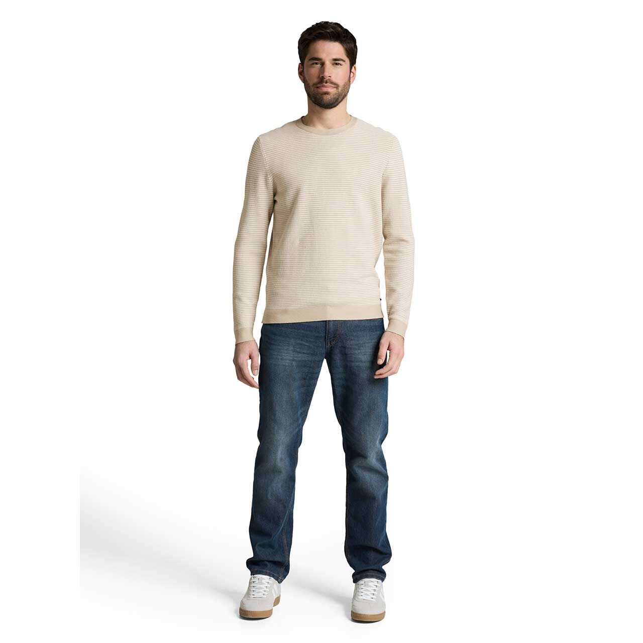 Herren Pullover Striped Crewneck von Tom Tailor in Beige, Ganzkörperansicht am Model