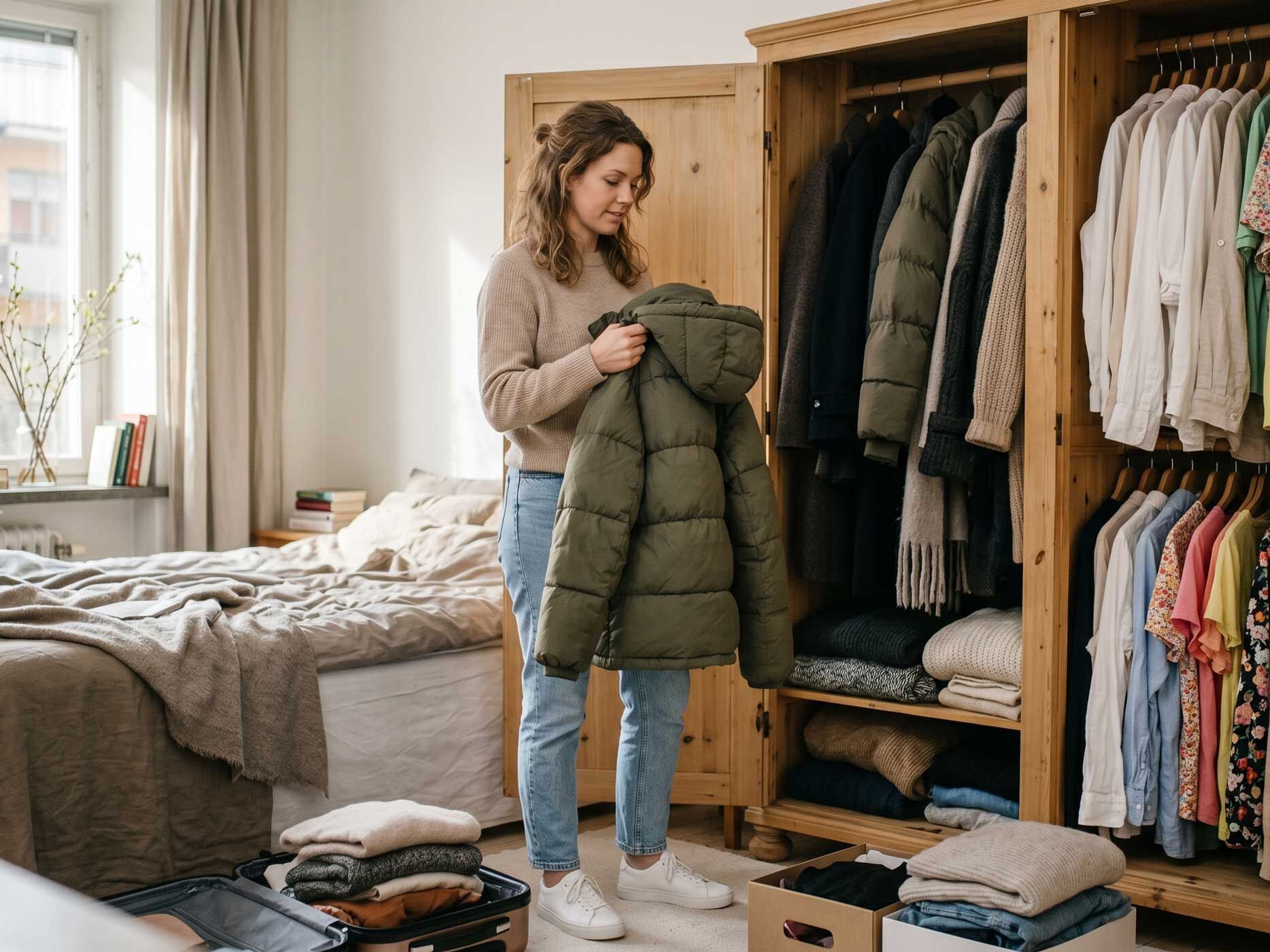 Eine Frau r&auml;umt ihre Winterjacke in den Kleiderschrank und bereitet gleichzeitig die Kleidung f&uuml;r die neue Saison vor.