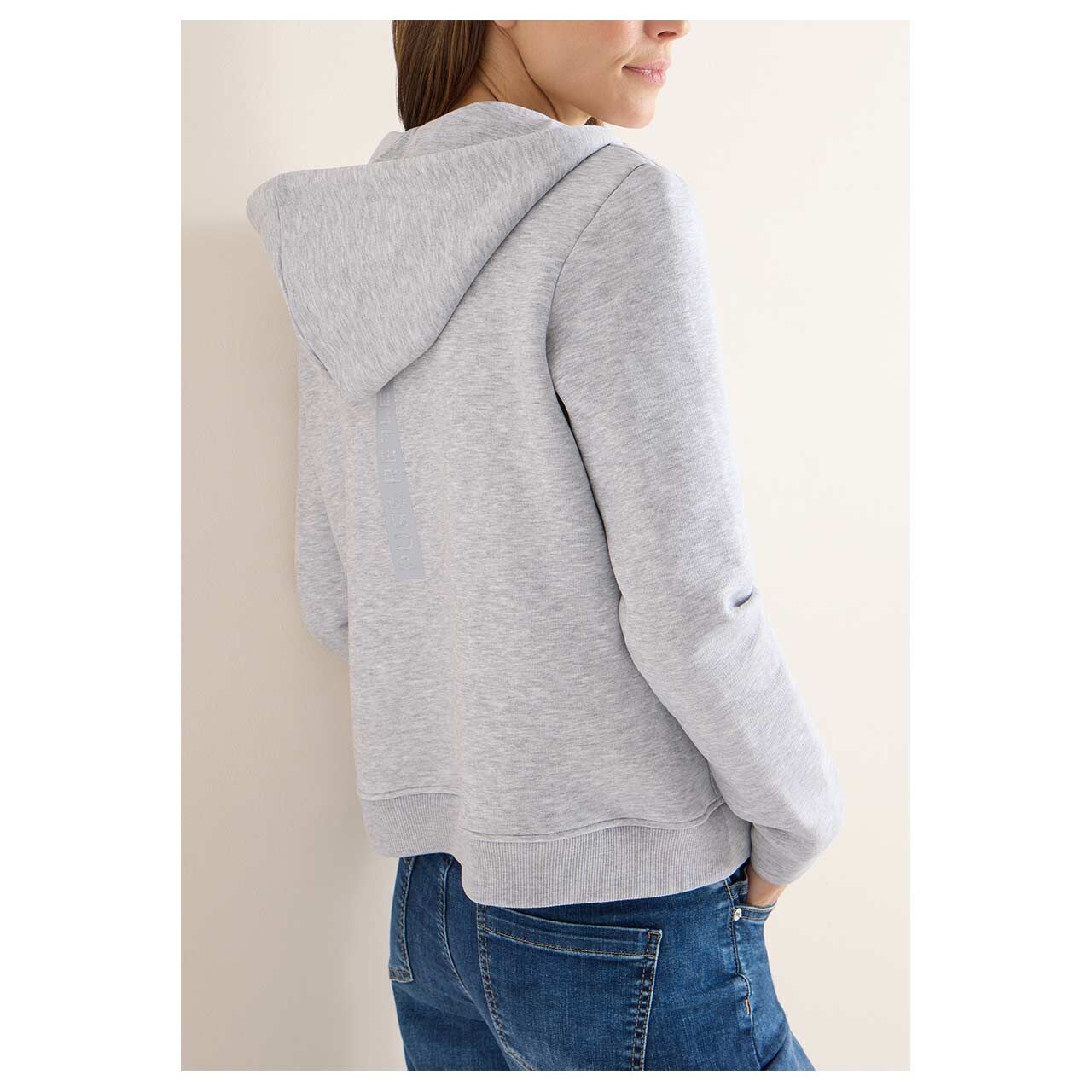 Damen Hoodie Sweatjacke Lurex von Cecil in Hellgrau meliert, Rückansicht am Model