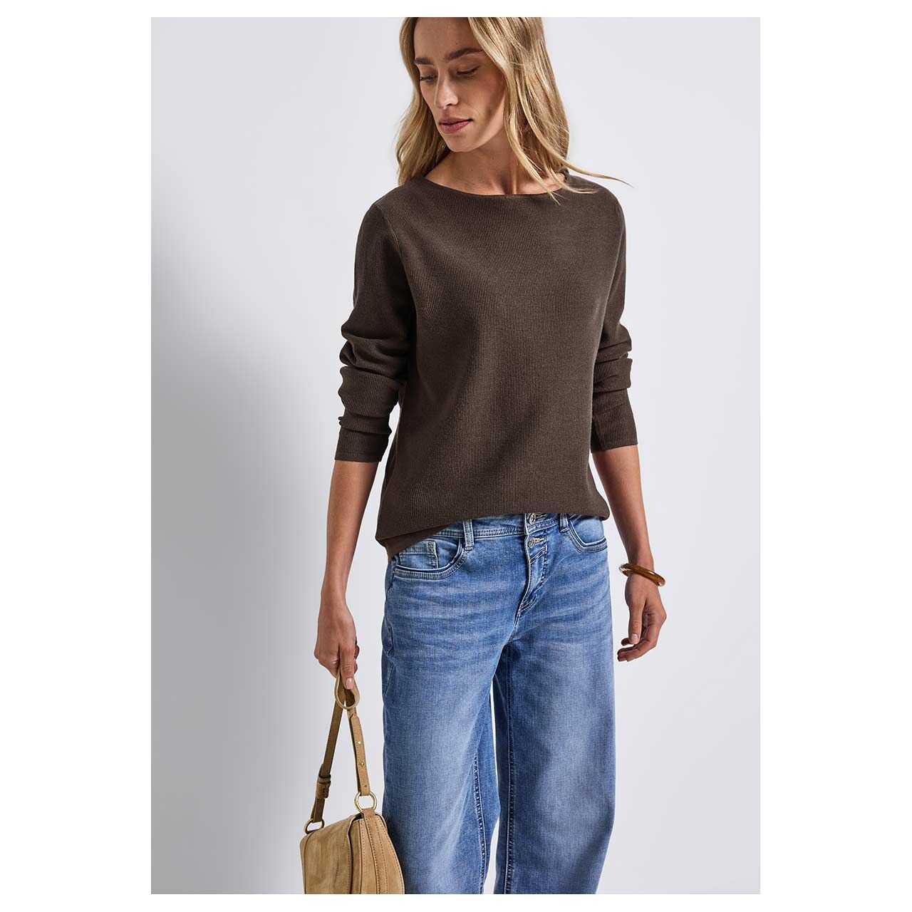 Damen Pullover U-Boat Sweater von Street One in Dunkelbraun meliert, Vorderansicht am Model