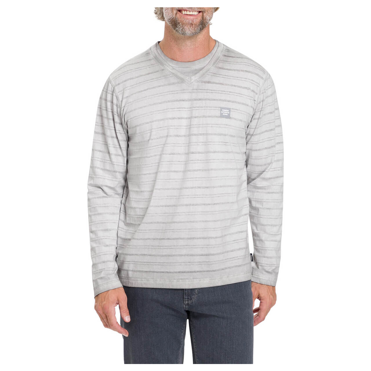 Pioneer Herren Langarm Shirt grey washed stripes