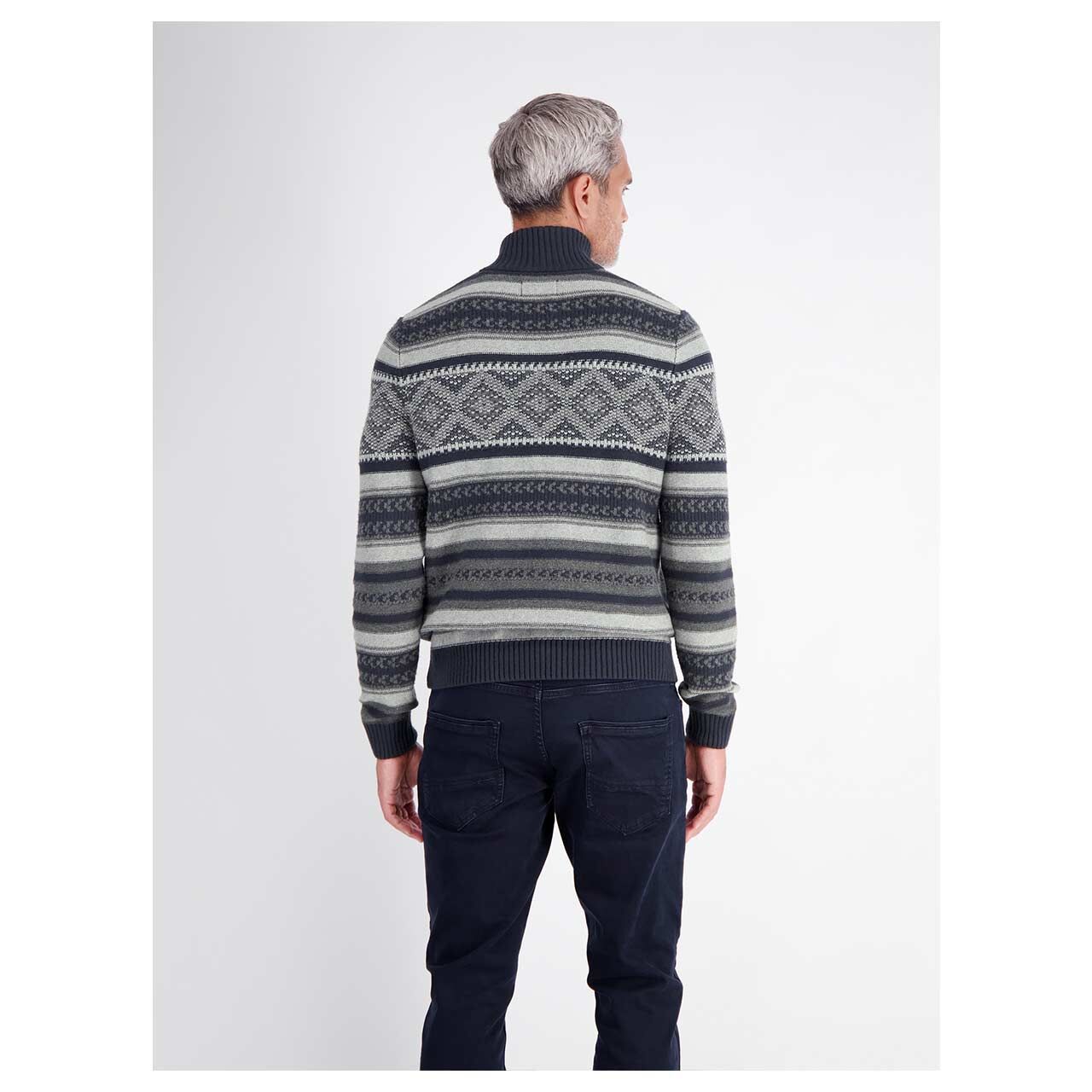 Herren Pullover Troyer von Lerros in Dunkelblau mit Print, Rückansicht am Model