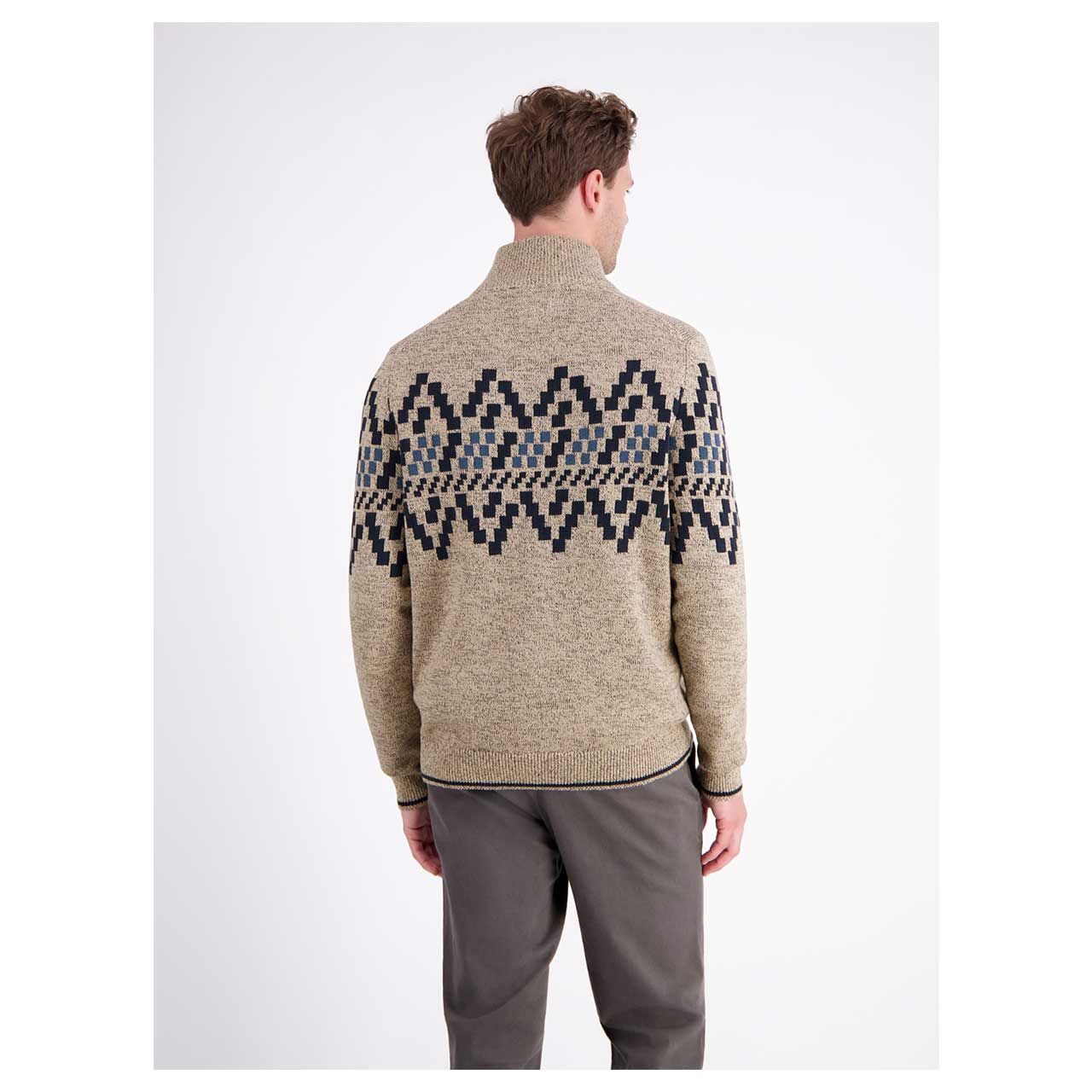 Herren Pullover Troyer von Lerros in Beige meliert mit Print, Rückansicht am Model