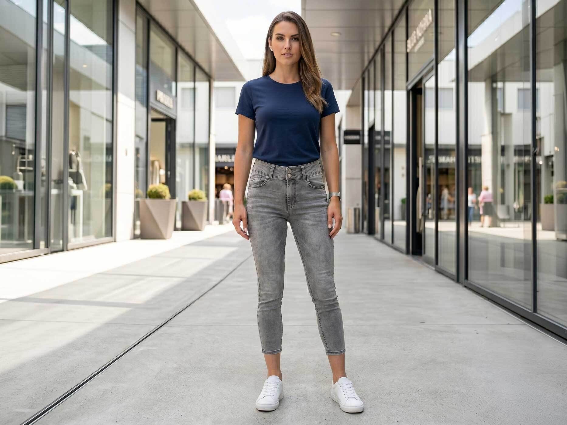 Eine Frau mit braunen Haaren steht vor einem modernen Gebäude. Sie trägt ein blaues T-Shirt und eine graue Jeans.