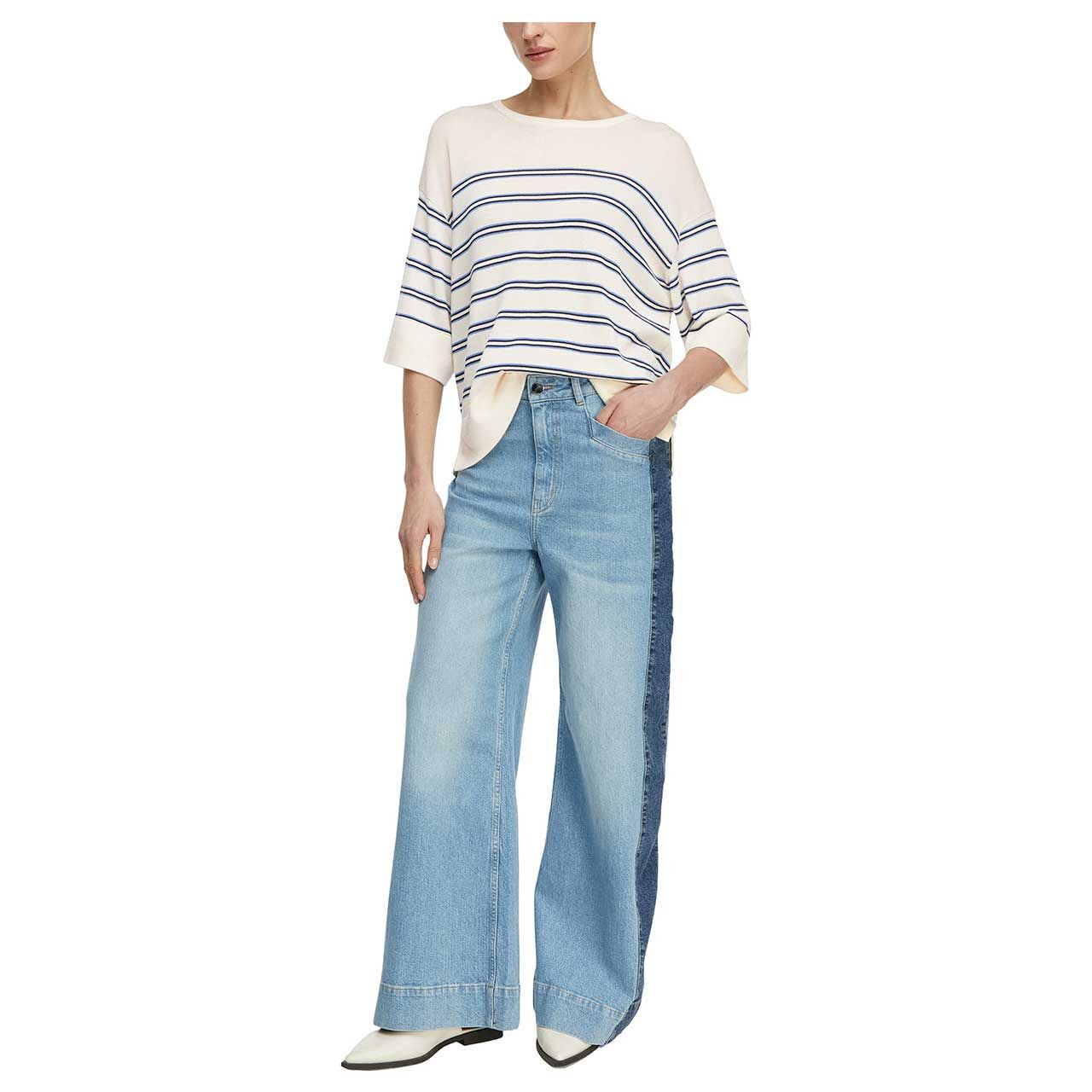 Damen 3/4 Arm Pullover von Comma in Cremeweiß gestreift, Ganzkörperansicht am Model