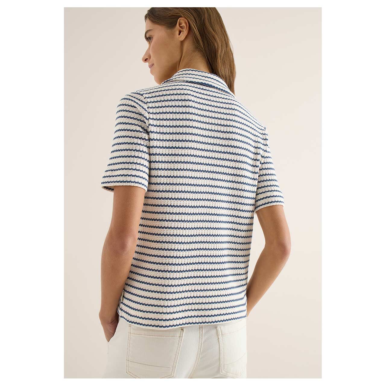 Damen Poloshirt Striped Ajour von Cecil in Blau gestreift, Rückansicht Model