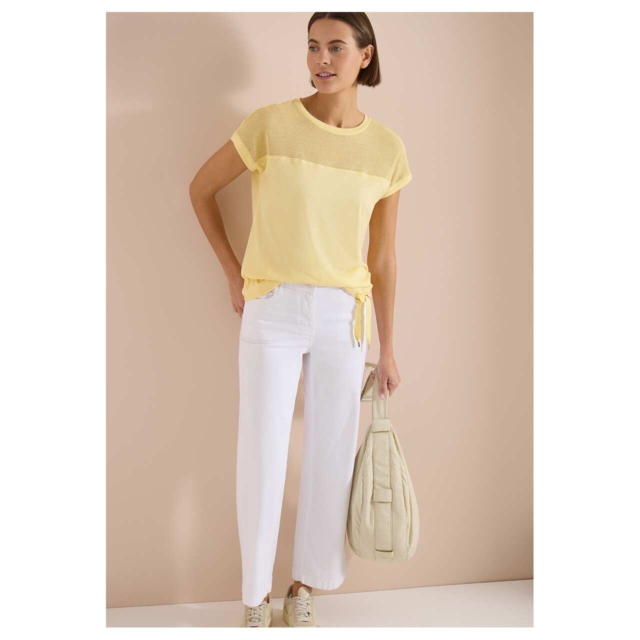 Damen T-Shirt Mesh Insert von Cecil in Gelb, Ganzkörperansicht am Model
