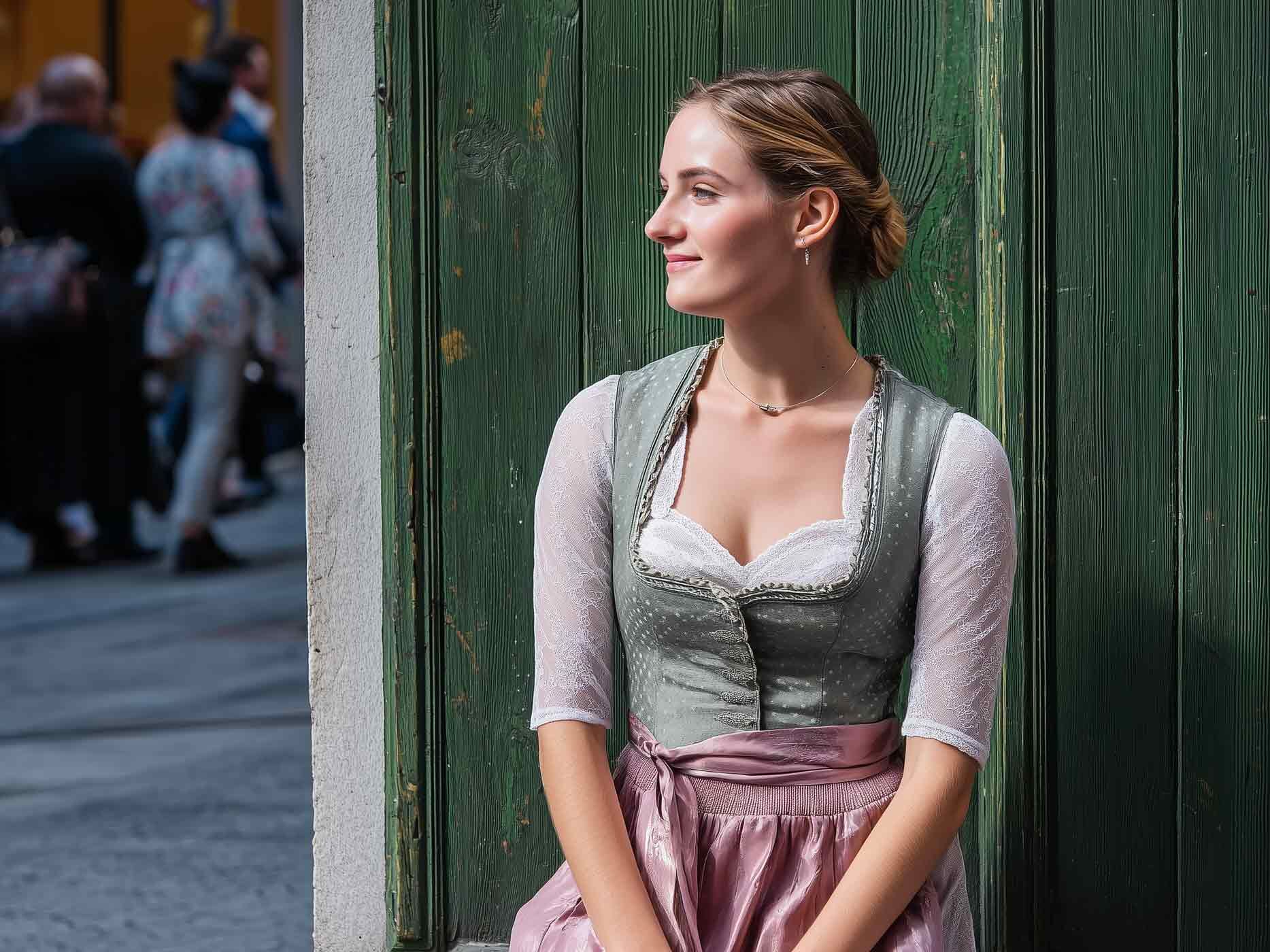 Eine Frau trägt eine weiße Bluse, ein grünes Dirndl Oberteil und eine rosafarbene Schürze. Sie sitzt vor einer grünen Scheunenwand