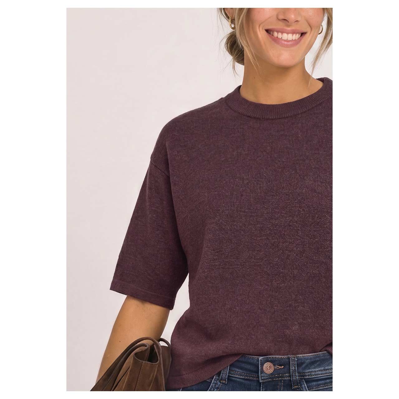 Damen 3/4 Arm Pullover Basic Sweater von Street One in Lila meliert, detaillierte Vorderansicht am Model