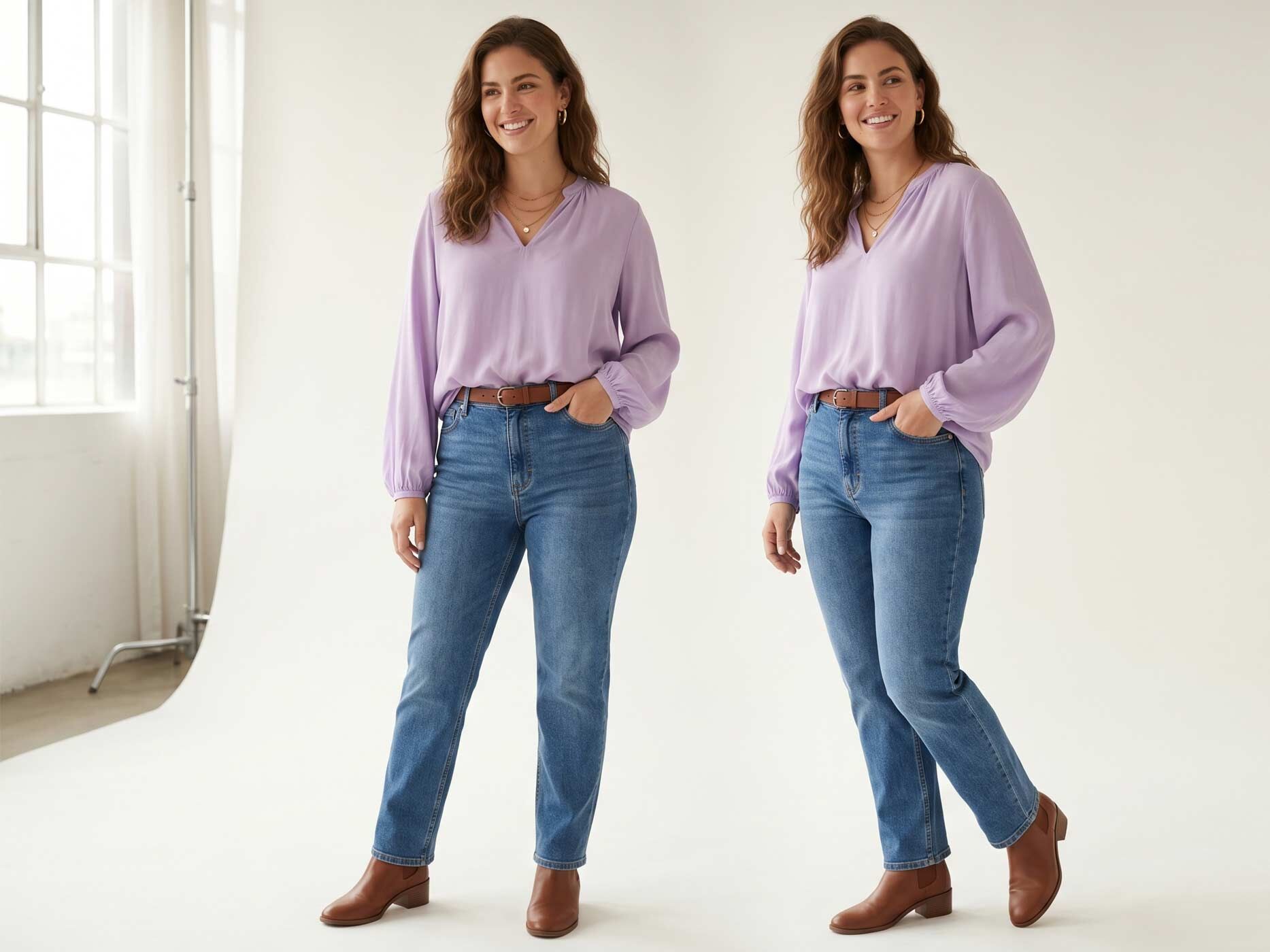 Eine Frau mit weiblicher Figur tr&auml;gt eine hellblaue High-Waist-Jeans, eine locker fallende Bluse in Flieder und braune Stiefeletten. Die beiden Ansichten zeigen, wie die Jeans bequem sitzt und die K&ouml;rpermitte harmonisch umspielt.