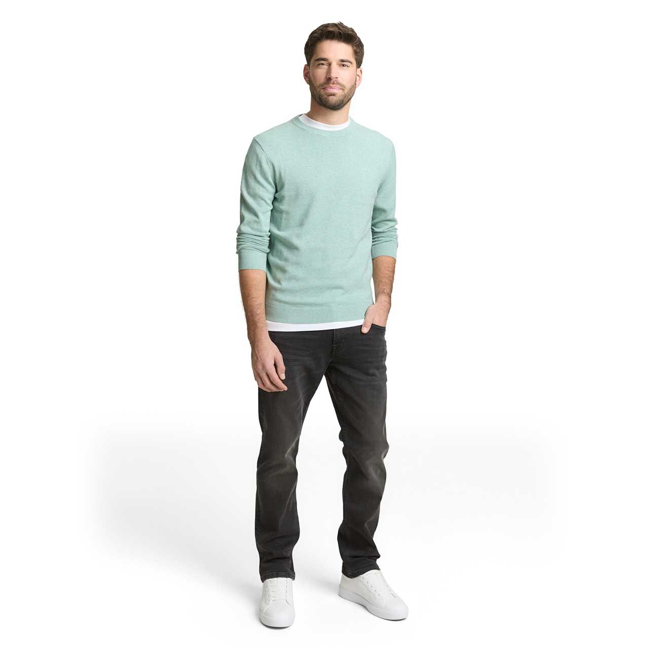 Herren Pullover Basic Crewneck Knit von Tom Tailor in Hellgrün meliert, Ganzkörperansicht am Model