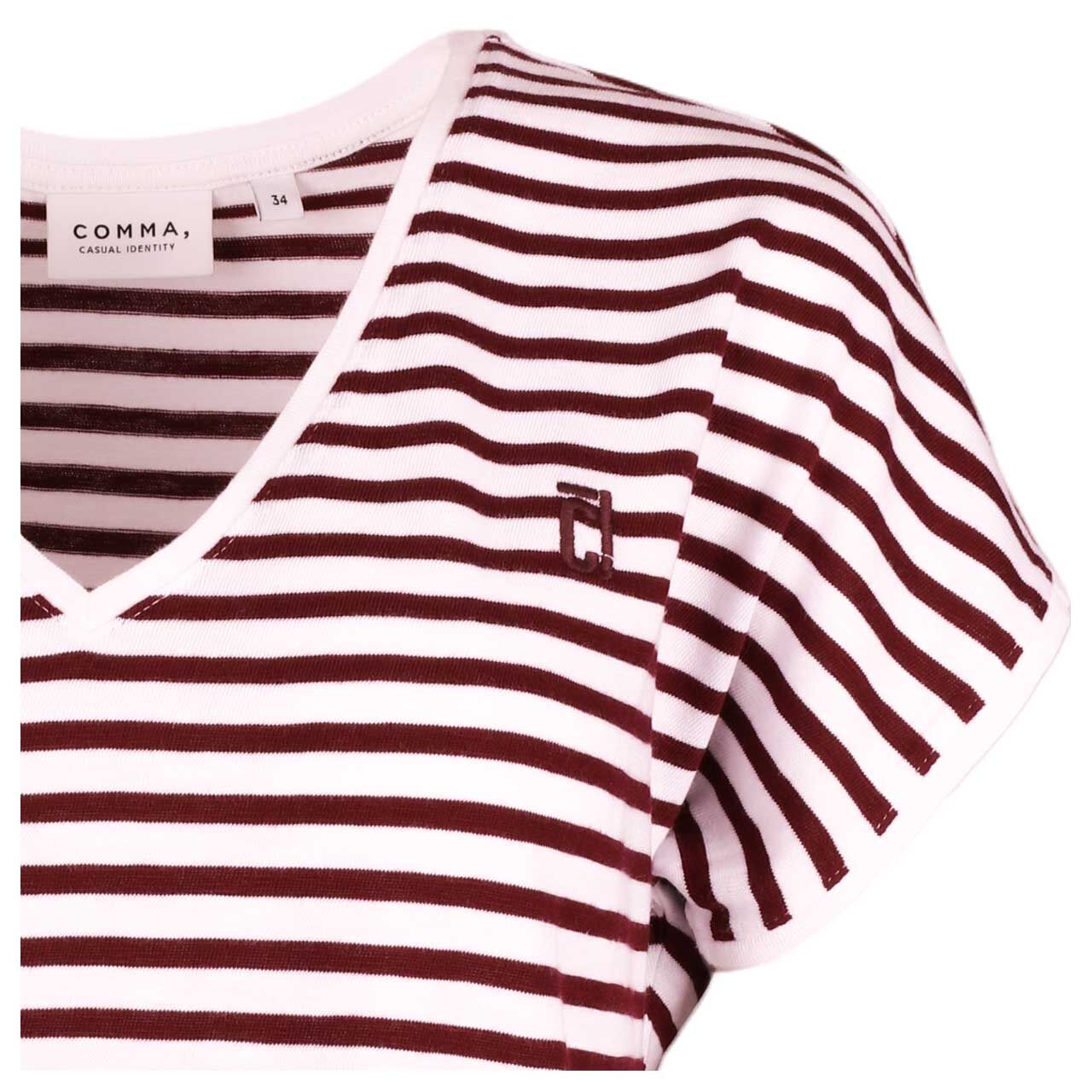Damen T-Shirt von Comma in Dunkelrot gestreift, Detailansicht vorne