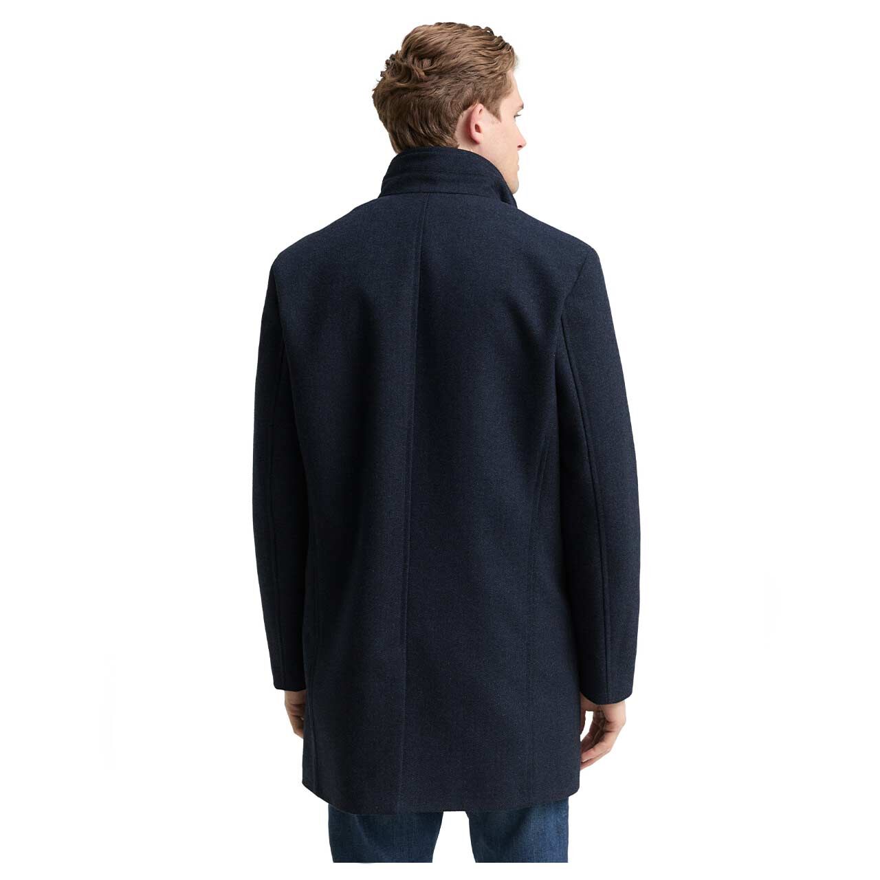 Herren Mantel Wool Coat 2 in 1 von Tom Tailor in Dunkelblau mit Print, Rückansicht am Model