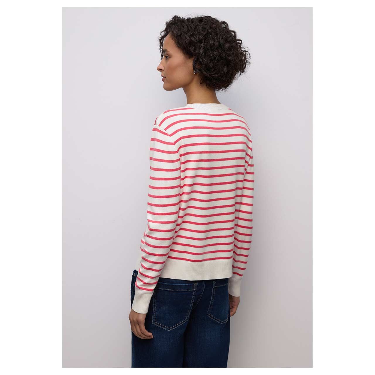 Damen Pullover Basic Sweater Stripes von Street One in Cremeweiß gestreift, Rückansicht am Model