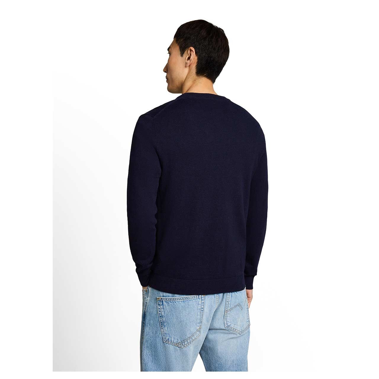 Herren Pullover Cashmere Crewneck Knit von Tom Tailor in Dunkelblau meliert, Rückansicht am Model