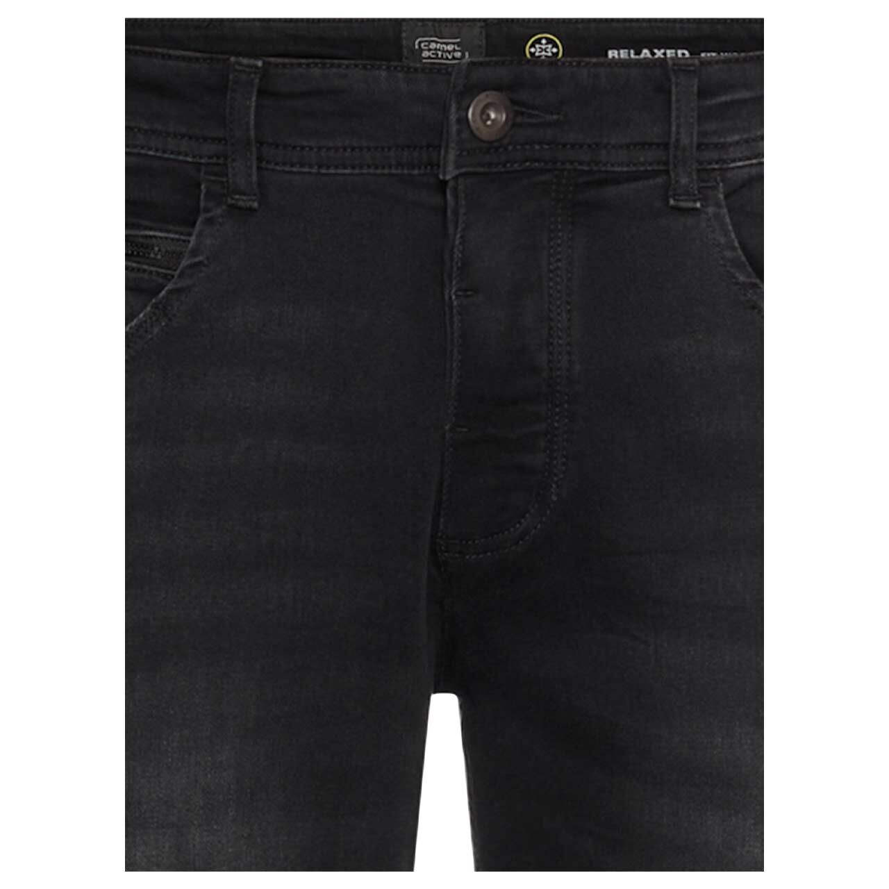 Stretch Herrenjeans Woodstock von Camel active in Dunkelgrau angewaschen, Detailansicht Verschlussknopf