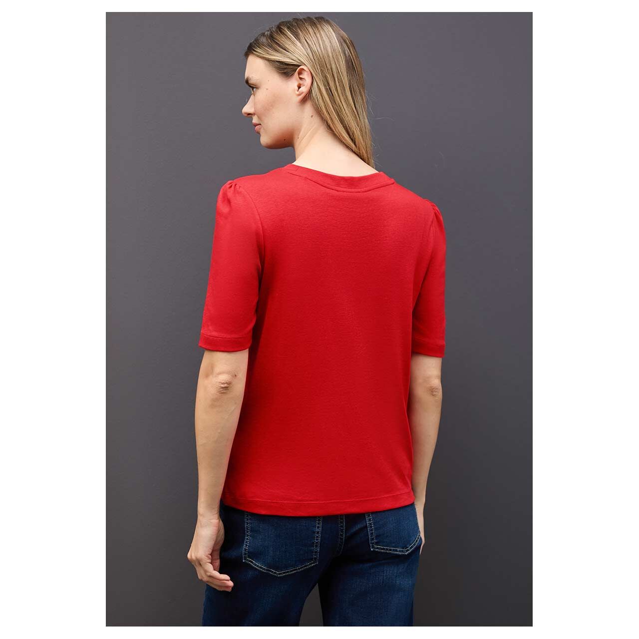 Damen T-Shirt Basic Puff Sleeve von Street One in Rot, Rückansicht am Model