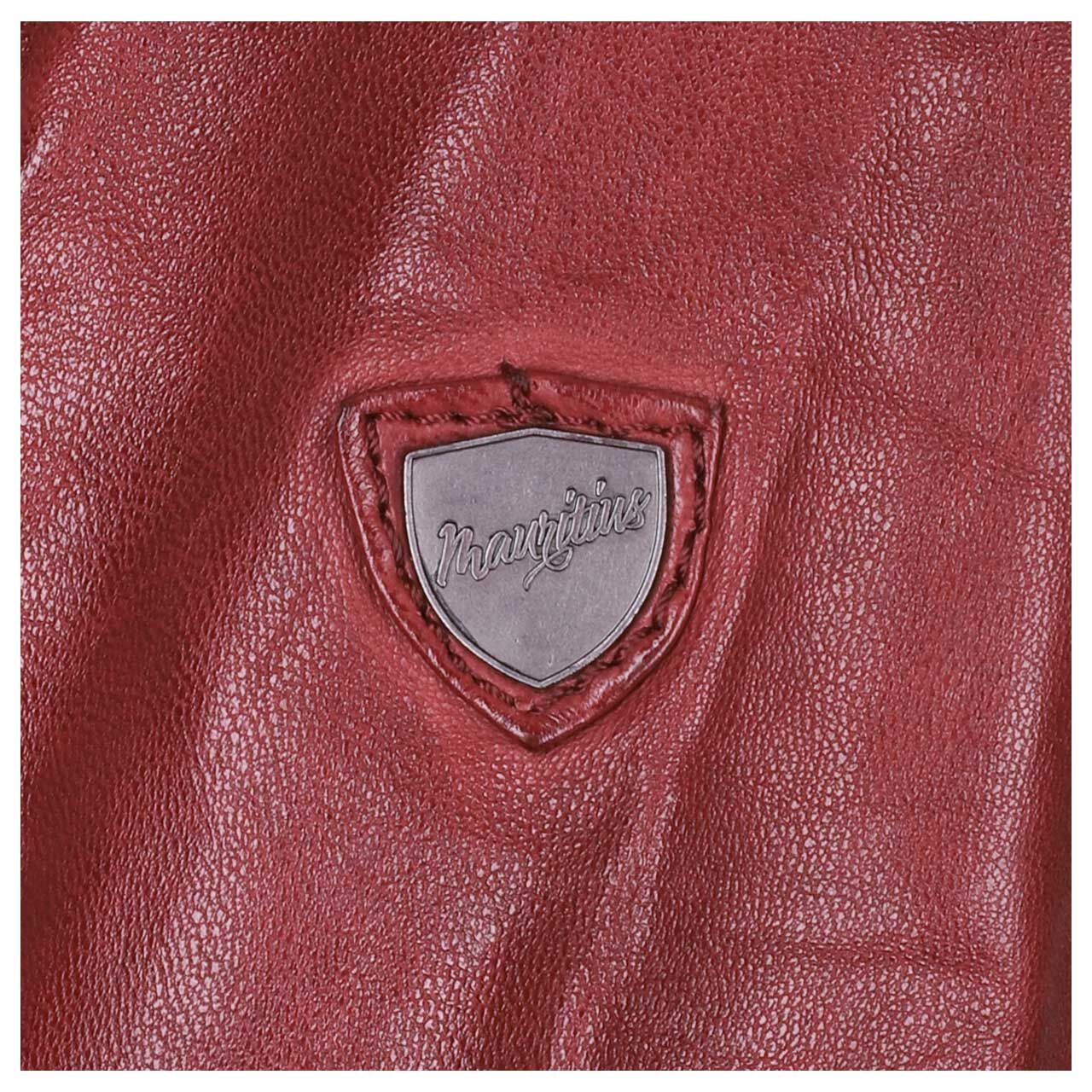 Damen Lederjacke Alva von Mauritius in Dunkelrot, Detailansicht Logo