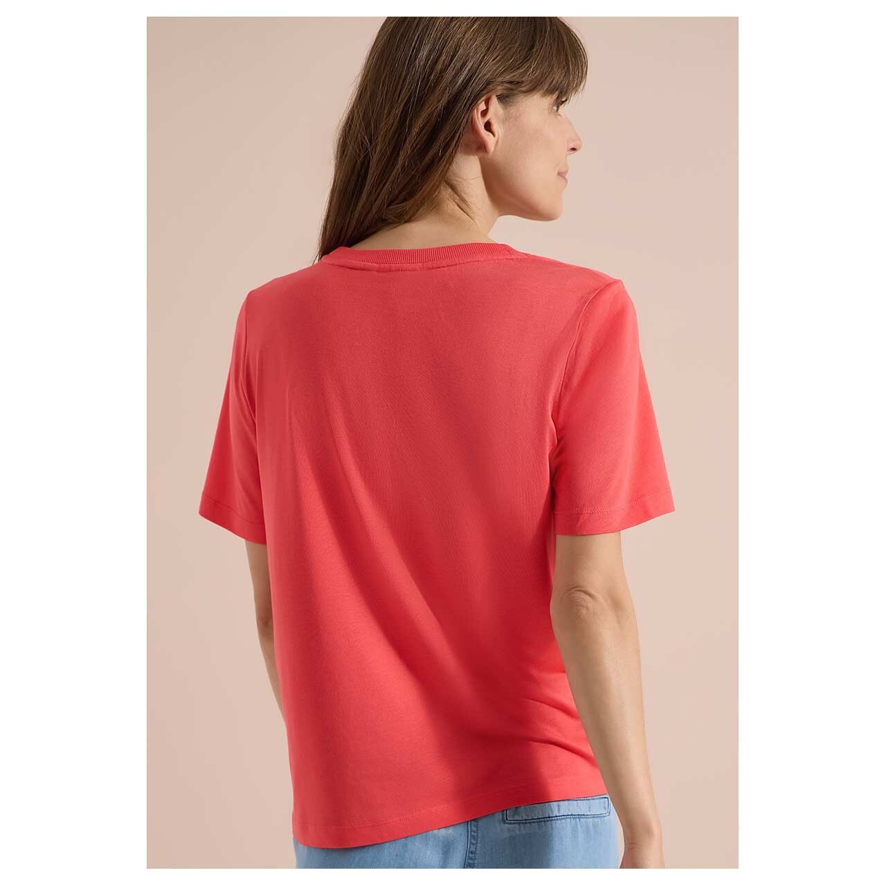 Damen T-Shirt Monstera Print von Cecil in Korallenrot mit Print, Rückansicht am Model