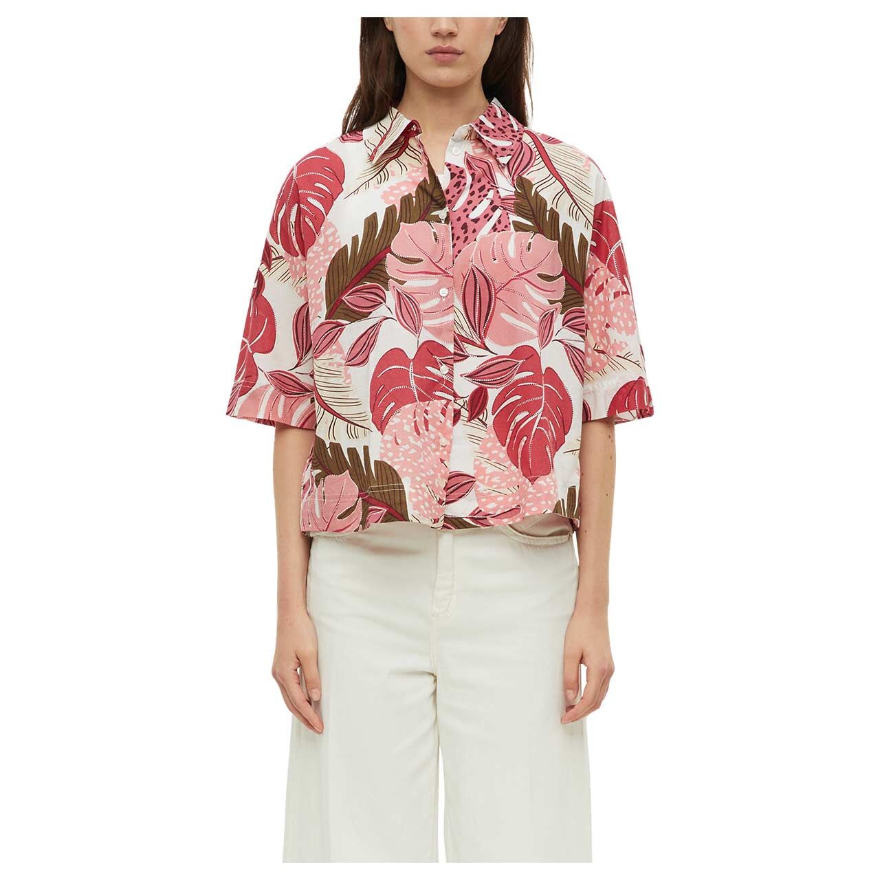 Damen Kurzarm Bluse von s.Oliver in Pink mit Print, geschlossene Vorderansicht am Model