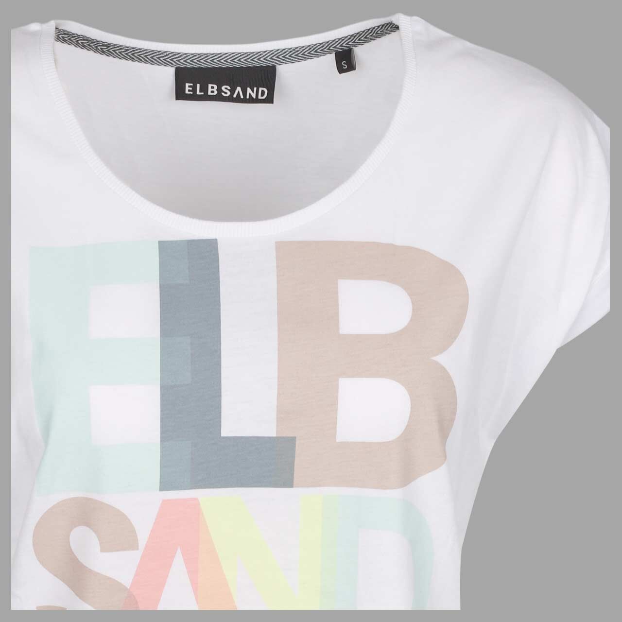 Damen T-Shirt Eldis von Elbsand in Weiß mit Print, detaillierte Vorderansicht