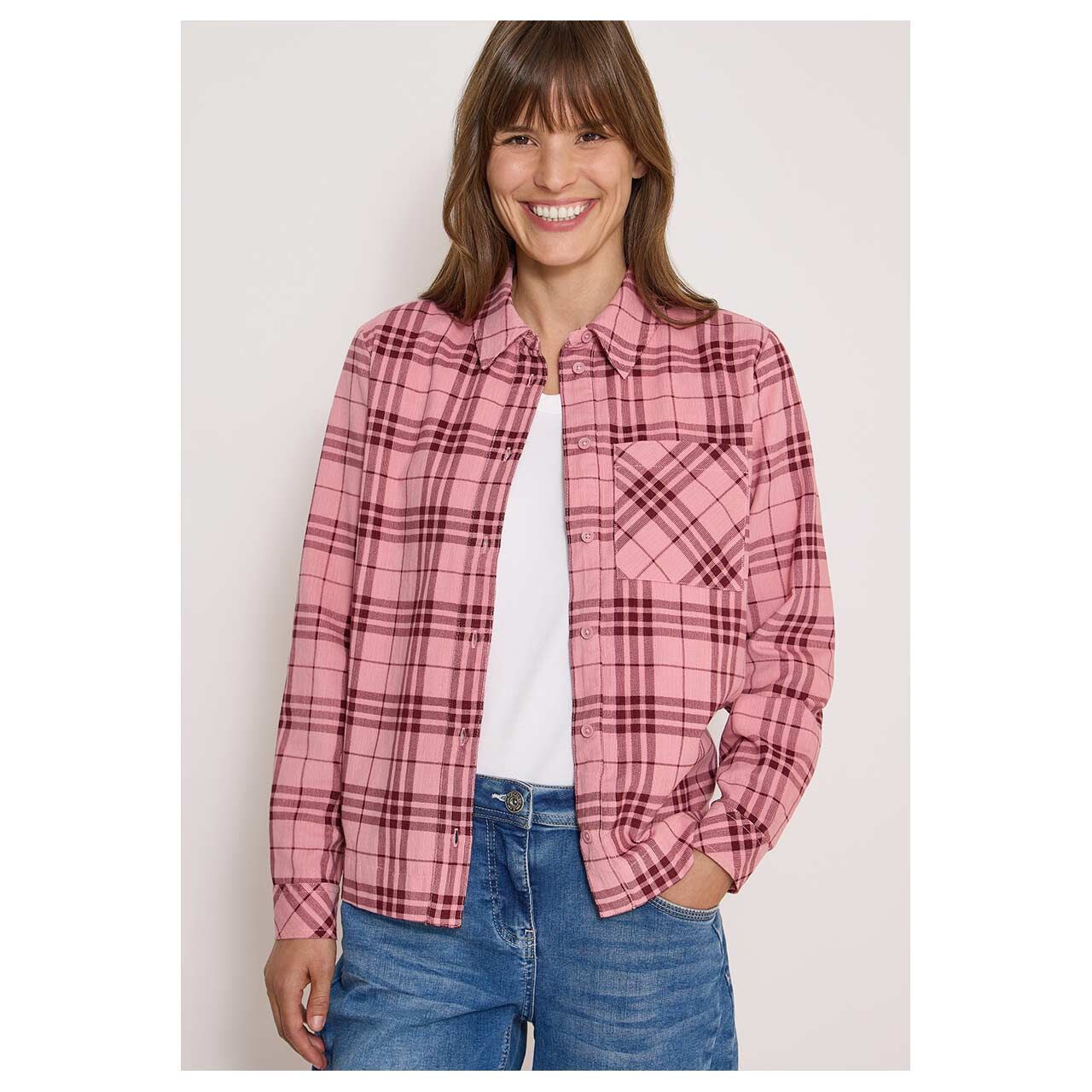 Damen Langarm Cord Bluse Check Corduroy von Cecil in Rosa kariert, Vorderansicht am Model